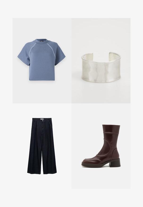 Plavi skraćeni dukserica s kratkim rukavima, okruglim izrezom i kontrastnim šavovima duž ramena, izrađena od mekog materijala.; Tamno plave široke traperice visokog struka, koje imaju prednje kopčanje na dugme, dva bočna džepa i detalje šivanja.; MIISTA MALENE - Klasične gležnjače - brown; Zign Narukvica - silver-coloured