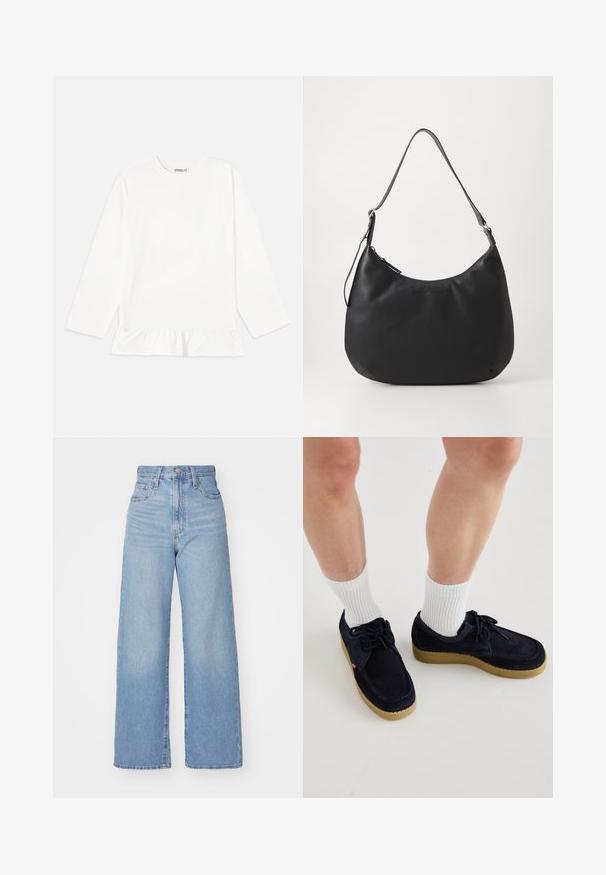 Hvit langermet topp i myk stoff, med volangkant. Designet har en rund hals og diskret merkevare ved brystet.; Lys blå høytlivs vide jeans med knapp- og glidelås lukking foran, foran og bak lommer, på en hvit bakgrunn.; Mørkeblå semsket skinnsko med rund tå, snøring og kremfarget gummisåle. Kombinert med hvite ribbestrikkede sokker.; Svart hobo-veske laget av glatt og slitesterkt materiale. Har en justerbar stropp og en subtil preget logo på forsiden.