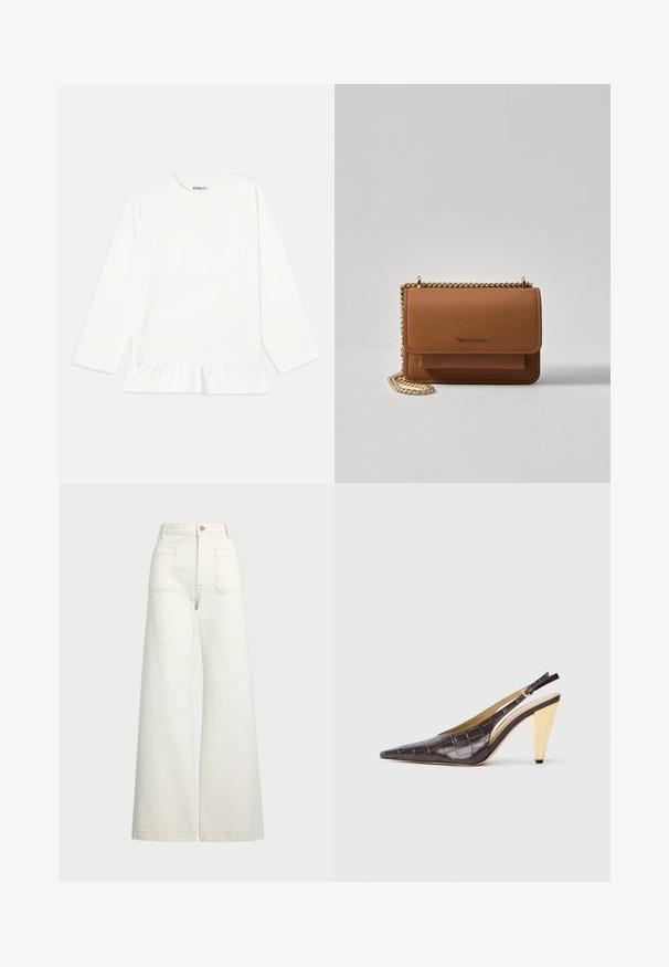 Weißes Langarmoberteil aus weichem Stoff mit einem gesmokten Saum. Es verfügt über eine runde Ausschnittform und dezentes Branding auf der Brust.; Weite Jeans aus off-white Denim. Hoch tailliertes Design mit Knopfverschluss, zwei Fronttaschen und kontrastierenden Stickdetails.; Spitz zulaufender Slingback-Absatzschuh aus glänzendem, dunkelbraunem Kunstcrocodilleder. Verfügt über einen goldfarbenen geometrischen Absatz und einen verstellbaren Knöchelriemen.; Braune strukturierte Ledertasche mit goldener Kettenriemen und Klappenverschluss. Die Vorderseite zeigt ein Logo-Detail und eine Tasche unter der Klappe.