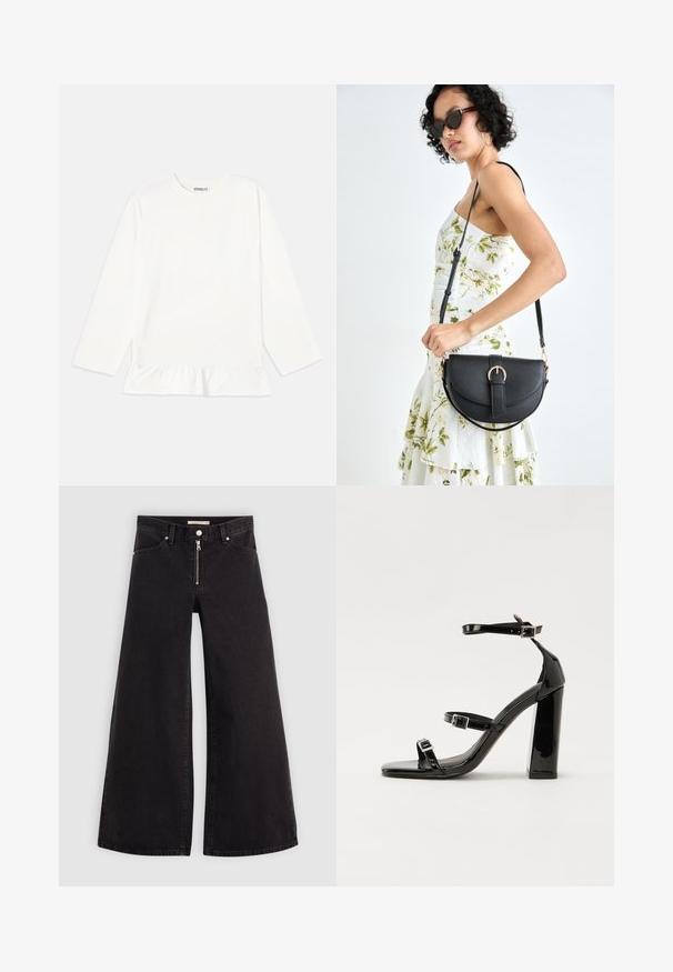 Fehér, hosszú ujjú felső, puha anyagból, fodros aljjal. A dizájn része a kerek nyakkivágás és a diszkrét márkajelzés a mellrészén.; Fekete denim széles szárú farmer, cipzáros elejével, öt zsebes kialakítással és diszkrét varrással. Sima textúra és laza stílus.; Fekete lakk magas sarkú szandál négyzet alakú orral, bokapántokkal és ezüst csatokat tartalmaz. Masszív blokk sarka a stabilitásért felel.; Fekete bőrtáska ívelt formával, levehető pánttal és arany színű fémrészekkel. A táskán egy csattal díszített fedél található.