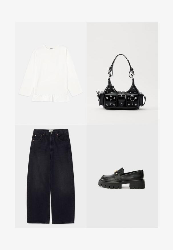 Fehér, hosszú ujjú felső, puha anyagból, fodros aljjal. A dizájn része a kerek nyakkivágás és a diszkrét márkajelzés a mellrészén.; Széles lábú fekete farmernadrág réz gombokkal, két elülső zsebbel és sima textúrával. Tiszta tervezés, egyenes szabás.; Fekete bőr loaferek masszív talppal, elöl arany színű díszítéssel és sima felülettel. A talpon vastag mintázat található.; Fekete bőr kézitáska ívelt designnal, ezüst szegecsekkel, csattal és két oldalsó zsebbel. Állítható vállpánt a hordozási lehetőségekhez.
