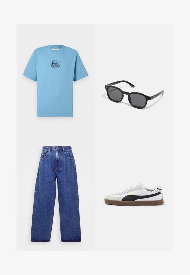 Svijetloplavi kratki rukav T-majica s okruglim izrezom, s tamnoplavim grafičkim prikazom medvjeda i natpisom "Penfield 69. godišnjica" u središtu prednje strane.; Široke plave traperice s visokim strukom, s pet džepova, kopčanjem na gumb i suptilnim izbljedjeljivanjem za teksturu.; Bijela kožna tenisica s crnim antilop naglaskom, okrugli vrh, ravni smeđi gumeni potplat i utisnuti zlatni logo sa strane. Šnirlovi i podstavljeni ovratnik.; Crne ovalne sunčane naočale s tamnim staklima, debelim okvirima i srebrnim točkicama s bočnih strana. Glatki plastični materijal, suvremeni dizajn.