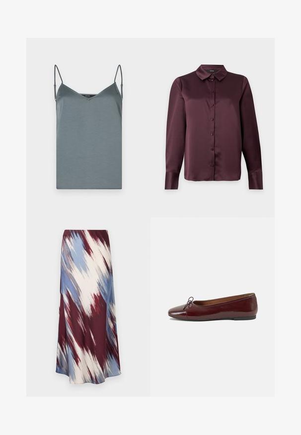 Šedá satiénová košieľka s výstrihom do V, nastaviteľnými tenkými ramienkami a hladkou textúrou. Priamy lem bez vzorov alebo ozdôb.; Burgundská saténová blúzka s gombíkmi, klasickým golierom a dlhými rukávmi, s hladkou textúrou. Obsahuje predný pánt s ladiacimi gombíkmi.; Dlhá sukňa s diagonálnym vzorom tie-dye v burgundskej, modrej a krémovej farbe, vyrobená z jemnej látky s splývavým strihom a jemným leskom.; Burgundské lakované balerínky s okrúhlou špičkou, malou mašľou na prednej strane a nízkou čiernou gumovou podrážkou. Hladký povrch.