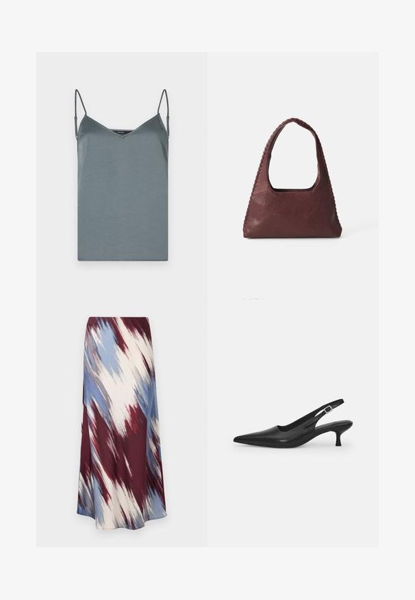 Grey, satin camisole with a v-neckline, adjustable spaghetti straps, and a smooth texture. Straight hem with no patterns or accents.; Long skirt featuring a diagonal tie-dye pattern in burgundy, blue, and cream, made of soft fabric with a flowing silhouette and slight sheen.; Black leather slingback shoe with a pointed toe and a slim, curved heel. Features a discrete adjustable strap with a metal buckle.; Burgundy leather handbag with a triangular shape, open top, and braided detail along the handle. Smooth texture with a matte finish.