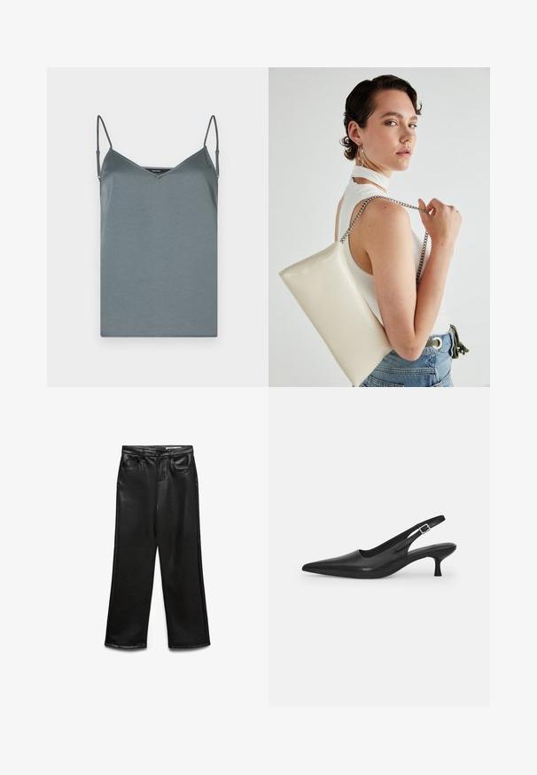 Camisolă gri din satin, cu decolteu în V, bretele subțiri reglabile și o textură netedă. De asemenea, are un tiv drept, fără modele sau accente.; Pantaloni evazați din piele ecologică neagră, cu buzunare frontale, bucle pentru curea și luciu subtil. Textură netedă și croială ajustată.; Sandal din piele neagră, cu vârf ascuțit și toc subțire, curbat. Are o curea ajustabilă discretă, cu o cataramă din metal.; Geantă de clutch rectangulară albă, realizată dintr-un material lucios, având o curea de lanț argintie. Modelul pozează, evidențiind geanta pe un fundal simplu.