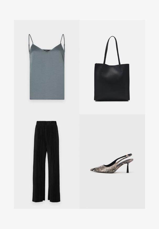 Grijze, satijnen camisole met een V-halslijn, verstelbare spaghettibandjes en een gladde textuur. Rechte zoom zonder patronen of accenten.; Zwarte geplooide broek met een elastische tailleband. Beschikt over wijde pijpen en een glad, gestructureerd stof met verticale strepen.; Puntige slingback schoenen van textuur leer met slangenprint, met een slanke zwarte hak en een uitgesneden ontwerp aan de zijkanten.; Zwarte leren handtas met een gladde textuur, rechthoekige vorm en twee lange handvaten. Geen zichtbare hardware of versieringen.