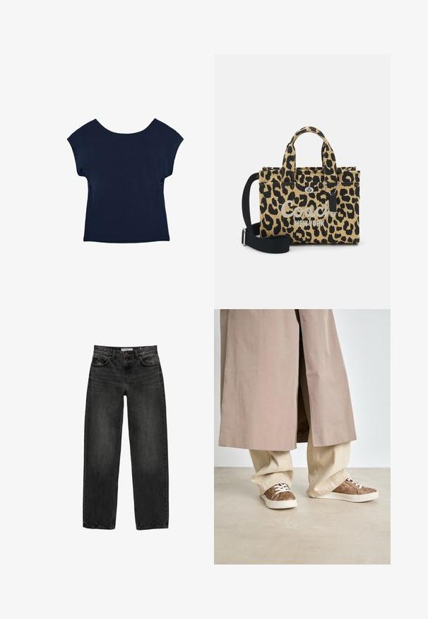 Mørkeblå kortærmet top med bred udskæring og løs pasform. Glat tekstur, hoftelængde design, og ingen synlige mønstre eller hardware.; Sort denim jeans med en afslappet pasform, lige ben, fem-lomme design og en let falmet tekstur. Knap- og lynlåslukning foran.; Beige trenchcoat over lys beige brede bukser. Brune sneakers med et struktureret mønster og hvide snørebånd. Glat, minimalistisk gulv.; Tasket i leopardprint lavet af lærred. Har to top-håndtag, en aftagelig sort rem og hardware i sølvtoner med en nøglering.