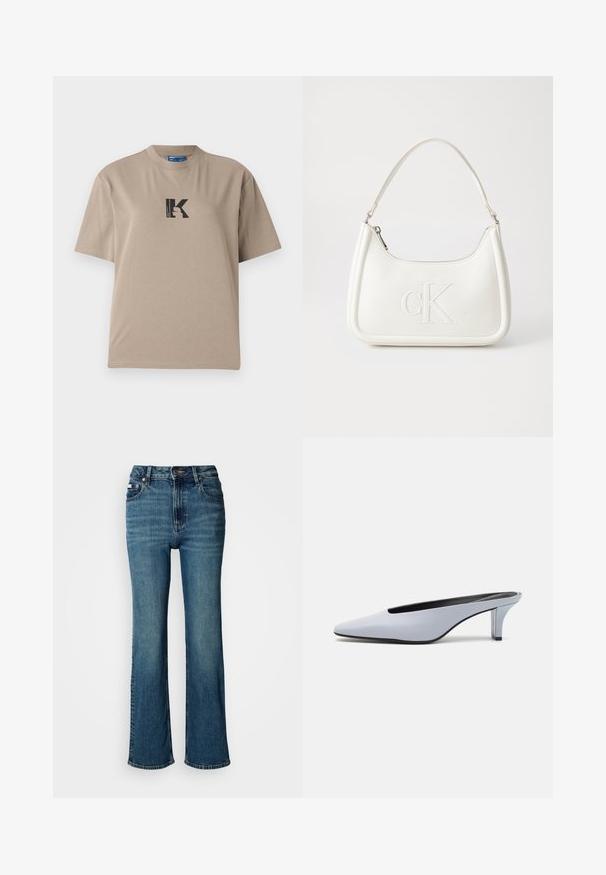 Beige tričko s krátkým rukávem vyrobené z bavlny, s kulatým výstřihem a černým grafickým designem, který zobrazuje písmeno "K" a siluetu.; Džínsy s vysokým pasem modré barvy vyrobené z denimu, s rovnými nohavicemi, mírným vyblednutím a standardním zapínáním na knoflík a zip.; Světle modrý lakovaný kožený mule s špičatou špičkou, nízkým transparentním podpatkem a štíhlým designem s výřezem na nártu.; Bílá kožená kabelka s křivkovým tvarem, na přední straně s vyraženým logem "CK" a jediným ramenním popruhem. Zipový uzávěr na vrchu.