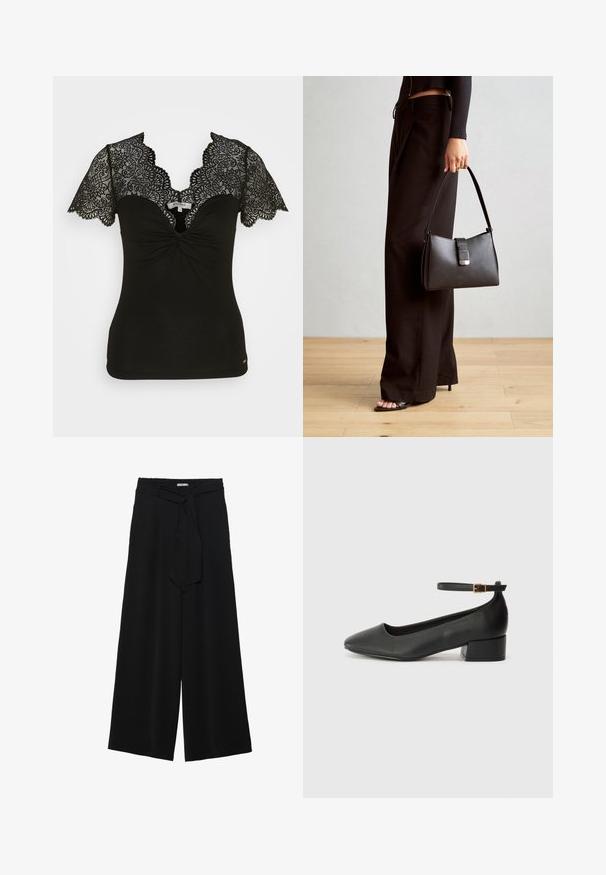 Morgan DENNY - Μπλουζάκι με στάμπα - noir; Μαύρο παντελόνι με φαρδιά πόδια, φτιαγμένο από υφασμάτινη ύλη με υφή, με ελαστική μέση και αποσπώμενη ζώνη στη μέση για ρυθμιζόμενη εφαρμογή.; Μαύρο δερμάτινο τακούνι με μυτερή μύτη και χαμηλό τετράγωνο τακούνι. Διαθέτει λουράκι στον αστράγαλο με χρυσό τόνο πόρπη. Λείο υφή.; Μαύρη τσάντα χειρός με δομημένο σχήμα, λεία υφή και μεταλλικό κούμπωμα. Συνδυασμένη με φαρδιά μαύρα παντελόνια και σανδάλια ανοιχτής μύτης πάνω σε ξύλινο πάτωμα.