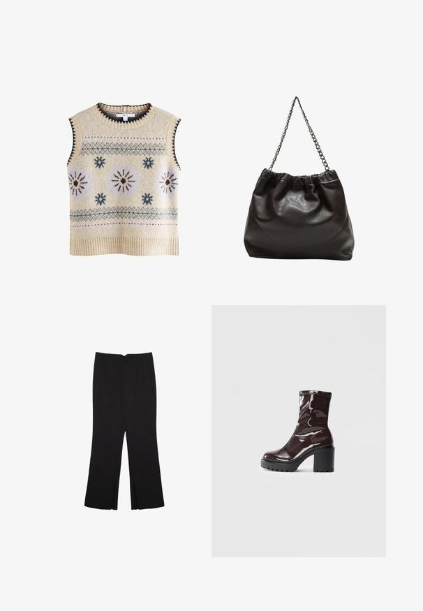 Next - Top; Czarne spodnie o prostym kroju, z przednimi kieszeniami i bocznymi rozcięciami na dole. Wykonane z miękkiego, gładkiego materiału. Odpowiednie na różne okazje.; Błyszczące bordowe botki za kostkę z masywną czarną obcasem, charakteryzujące się gładką teksturą i prostym wzornictwem. Brak widocznych zapięć lub wzorów.; Brązowa skórzana torba z marszczonym szczytem i łańcuszkowym paskiem. Gładka tekstura z błyszczącym wykończeniem i subtelnymi detalami szwów po bokach.