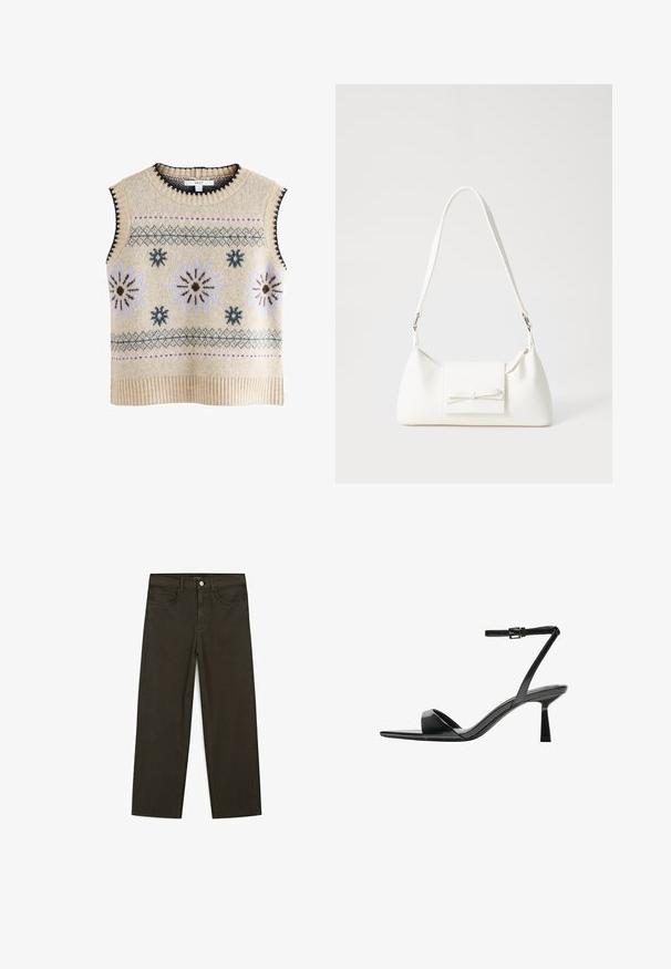 Next REGULAR FIT - Top - neutral; Dunkelgrüne Jeans im weit geschnittenen Style, hergestellt aus einem Baumwollgemisch. Sie verfügen über einen Frontknopfverschluss, fünf Taschen und klassische Denim-Nähte.; Bershka High Heel Sandalette - black; Weiße synthetische Handtasche in dreieckiger Form, flache Vorderklappe und Schleifendetail, verstellbarer Trageriemen, glatte Textur und minimalistisches Design.