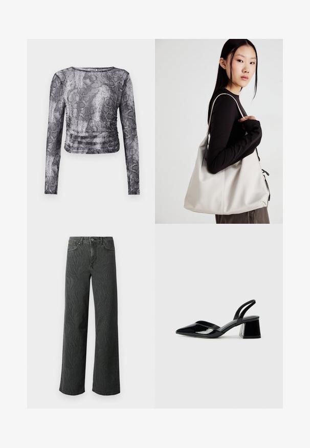 Pikem varrukatega tipp must-valges sisalikumustris, millel on kokku rikutud külgdetail ja kerge, tekstuuriga kangas.; Laial jalgevahega teksad tumedas hallis denimis, millel on peen sablestriibuline tekstuur, kontrastne õmblemine ja viie tasku disain nupuga.; Mustad musta lakknahk kingad, millel on terav varvas ja geomeetriline plokkkonts. Omab elegantselt minimalistlikku disaini ja sujuvat tekstuuri.; Bež käekott pehme materjali, millel on lõtv disain, õmblustega detailid ja kaks õlarihma. Sobib igapäevaseks kasutamiseks.