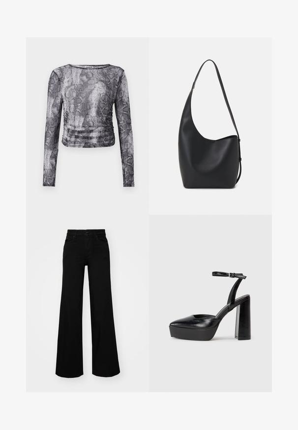 Long-sleeve top in a black and white snake print design, featuring a ruched side detail and lightweight, textured fabric.; Black wide-leg pants made of denim, featuring a structured waistband, belt loops, and front pockets. Smooth texture with a classic design.; Black platform heels with a pointed toe and adjustable ankle strap. Constructed from smooth leather, featuring a chunky block heel.; Black leather hobo bag with a smooth texture, curved shape, and single adjustable strap; features a wide opening at the top.