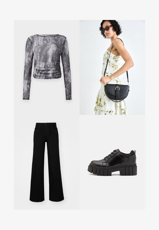 Long-sleeve top in a black and white snake print design, featuring a ruched side detail and lightweight, textured fabric.; Black wide-leg pants made of denim, featuring a structured waistband, belt loops, and front pockets. Smooth texture with a classic design.; Black leather platform shoes with a chunky block heel, round toe, and traditional lace-up design. Features smooth texture and minimal detailing.; Black leather handbag with a curved shape, detachable strap, and gold hardware. The bag features a flap with a buckle detail.