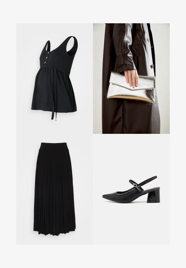 Top premaman nero con design senza maniche, scollo a V, tre bottoni dorati e vita regolabile con laccetto; tessuto morbido e vestibilità comoda.; Gonna nera plissettata con vita alta e elastica. Realizzata in tessuto morbido, presenta plissettature verticali per una silhouette fluida.; Décolleté in vernice nera con cinturino dietro, punta affusolata, design con ritagli arrotondati e tacco a blocco. Presenta un accento di fibbia tono oro.; Clutch metallico argento con un design a busta angolare, texture liscia e colore interno a contrasto, tenuto in mano da una persona che indossa un cappotto nero.