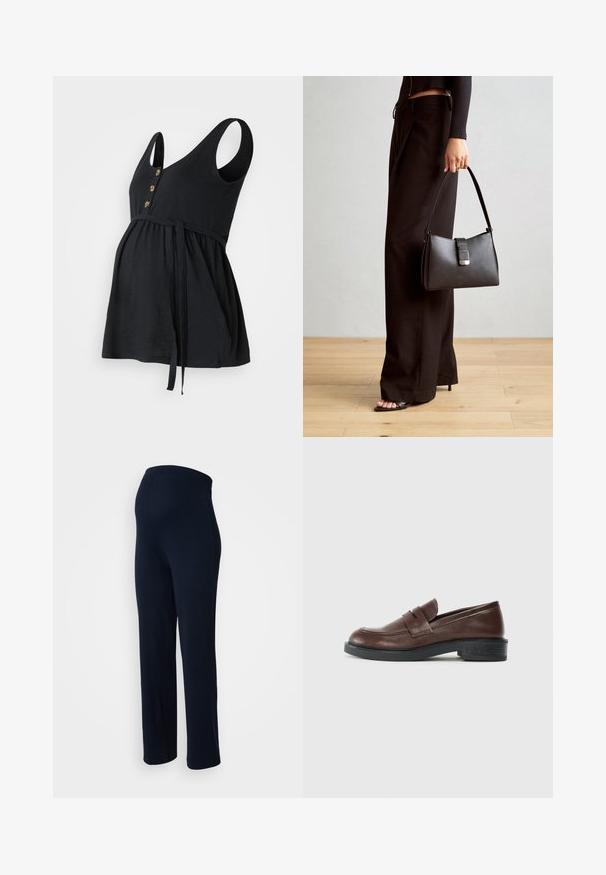 Zwarte zwangerschapsblouse met mouwloos ontwerp, v-hals, drie gouden knopen en verstelbare taille met strik; zachte stof en een ontspannen pasvorm.; Navyblauwe stretchbroek met een gladde textuur, elastische tailleband en recht model, zonder zichtbare hardware of patronen.; Bruine leren loafers met een ronde neus, voorzien van een decoratieve band over de bovenkant, en een lage, getextureerde zwarte rubberen hak.; Zwarte handtas met gestructureerde vorm, gladde textuur en een metalen sluiting. Gecombineerd met brede zwarte broeken en sandalen met open teen op een houten vloer.