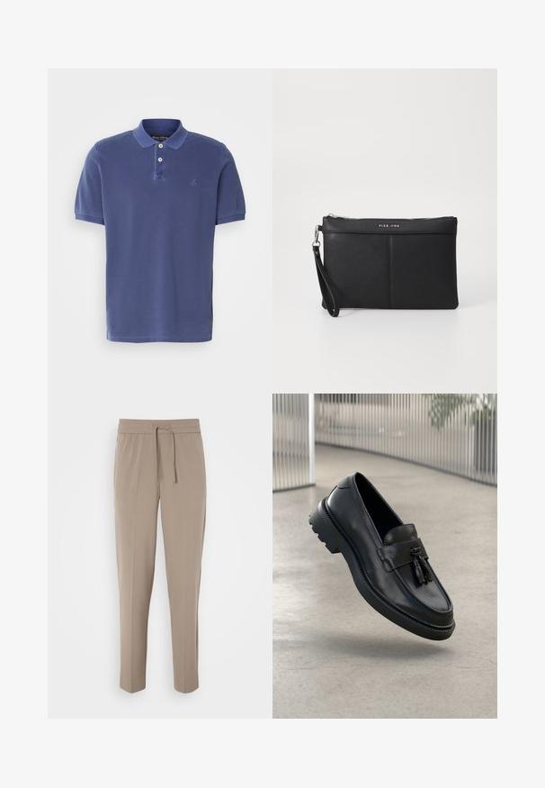 Námořnická modrá polo tričko vyrobené z bavlny, s tříknoflíkovým zapínáním, krátkými rukávy a malým logem na prsou. Jednoduchý design.; Světlé béžové kalhoty s elastickým pasem, nastavitelnou šňůrkou a zúženými nohavicemi. Tkanina vypadá hladce s jemným leskem.; Černé kožené mokasíny s hladkým povrchem, dekorativní střapec, silná gumová podrážka a prošité detaily. Lehký a elegantní design.; Černá syntetická kabelka s uzávěrem na zip, rukávovou šňůrkou a hladkým povrchem. Obsahuje jemné prošívání a logo vyražené na přední straně.