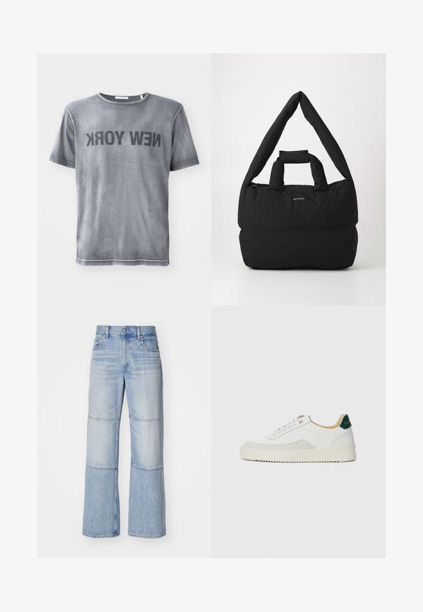 Helmut Lang NEW YORK TEE GARMENT - Print T-shirt - gunmetal; Light blue denim trousers with a wide-leg design, featuring contrasting panels and visible stitching. High-waisted with a button closure.; White sneaker with suede accents, rounded toe, flat laces, and a cream rubber sole. Features green branding on the heel.; Black padded bag with a wide, soft shoulder strap and top handle. Features a zip closure and a subtle logo on the front.