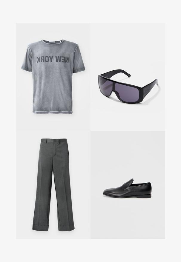 Helmut Lang NEW YORK TEE GARMENT - Trükipildiga T-särk - gunmetal; Halli, laiad püksid tekstureeritud kangast, millel on lame eesmine osa, vöökohal aasad ja mansetid. Ümberlõigatud disain, milleta nähtavaid taskuid.; Must musta libisemisega king, millel on terav varvas, sile tekstuur ja tagasihoidlik bränding küljel. Madal konts puhta ja minimalistliku disainiga.; Mustad mustraydud prillid, millel on ümberringi kujundus, tumedad läätsed, siledast plastist raam ja peen brändimine templil.