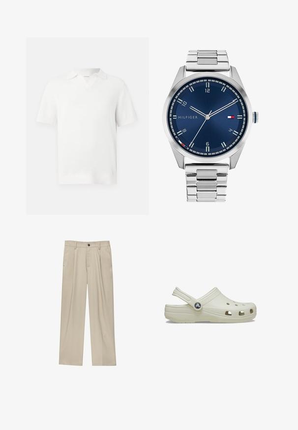 Witte polo-shirt met korte mouwen en een textuur gebreide patroon, voorzien van een V-hals kraag en geribde manchetten voor een aansluitende afwerking.; Beige broek met een rechte snit, voorzien van een enkele zwarte knoop, riemlussen en zijzakken. Glad stoffen textuur en een minimalistisch ontwerp.; Crème-kleurige rubberen klomp met een achterkantband, ventilatiegaten, een textuur op de bovenkant en verhoogde randen. Beschikt over een ronde logo-accent aan de zijkant.; Zilveren metalen horloge met een geborstelde blauwe wijzerplaat, witte uurmarkeringen en een datumweergave. Voorzien van een geschakelde metalen band en het logo van het merk.