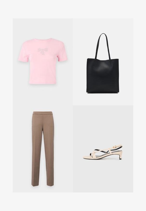 Lühikeste varrukatega roosa puuvillane T-särk, mille esiosal on sädelusega kaunistatud lipsu muster. Ümar kaelus, mugav lõige.; Pruunid, kehaümberlükkavad püksid siledast, elastsetest materjalidest. Sirged säärtega ja lame vöökoht, ilma nähtava riistvara või taskuteta.; Beež nahast slingback-sandaalid ristkülikukujuliste rihmadega, madala kannaga ja mustade aktsentidega. Sile tekstuur ja minimaliseeritud disain.; Mustast nahast kott sujuva tekstuuriga, ristkülikukujuline ja kahe pika sangaga. Pole nähtavat riistvara ega kaunistusi.