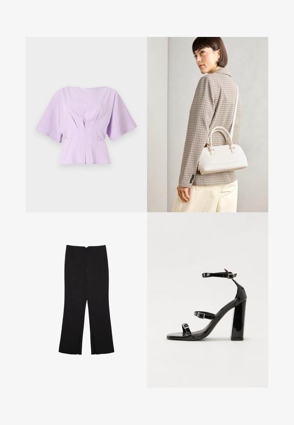 Lila lanena bluzica s kratkim, širokim rukavima, naboranim detaljima u struku i ležernim krojem, sa suptilnim plisiranim detaljima sprijeda.; Crne hlače ravnog kroja, s prednjim džepovima i bočnim prorezima na rubu. Izrađene od mekog i glatkog materijala. Pogodne za razne prigode.; Crne lakirane sandale na pete sa kvadratnim nosom, trakama oko gležnja i srebrnim kopčama. Imaju čvrst blok petu za stabilnost.; Bijela strukturna torba s kratkim ručkama i remenom za rame, s zlatnim metalnim detaljima i teksturiranim materijalom, prikazana na sivoj pozadini.