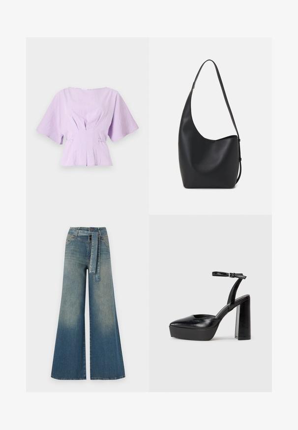 Lillakast linast pluusist lühikeste, laiade varrukatega, kogutud detailidega taljes ja mugava lõikega, mille esiosal on peened voldid.; Laiad denimpüksid, millel on hele tume sinine gradiendiefekt, kõrge vöökoht, vöökumlid ja sobivast kangast vöö. Struktureeritud denimi viimistlus.; Mustad platvormi kontsad terava ninaga ja reguleeritava pahkluuraamiga. Valmistatud siledast nahast, funktsioneerib massiivse plokknäheeliga.; Mustast nahast hobo kott, millel on sile tekstuur, kumer kuju ja üks reguleeritav rihm; peal on lai avaus.