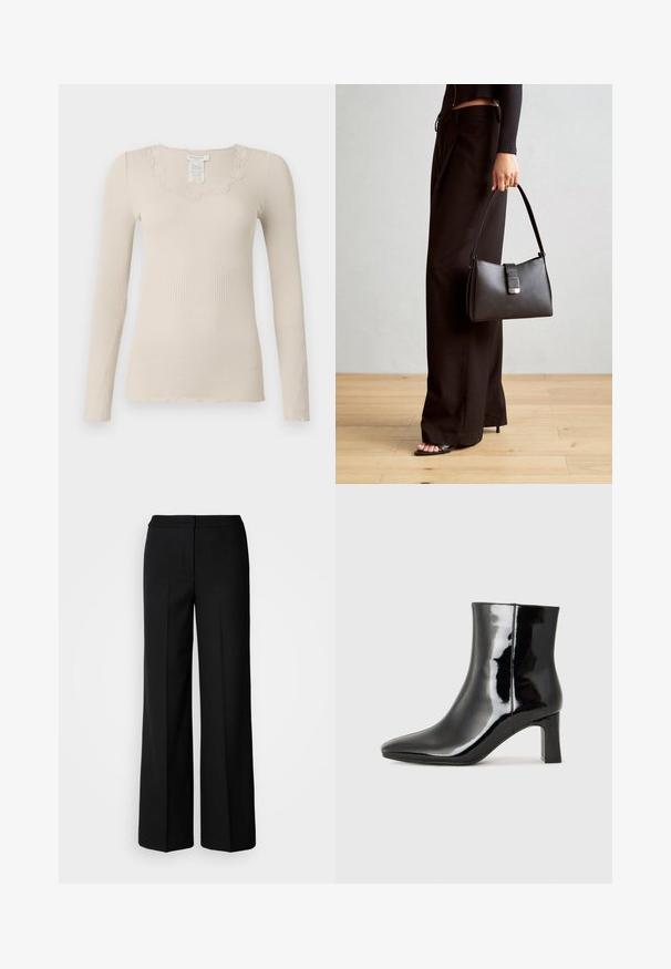 Rosemunde BABETTE U NECK - Hosszú ujjú felső - silver lining; Fekete, széles szárú nadrág sima anyagból, magas derekú, üzemben készült varrásokkal és minimalista dizájnnal. Nincsenek látható fémrészek vagy zsebek.; Fekete lakk bőrcipő bokáig érő, hegyes orral és közepes magasságú tömbsarokkal. Simább textúrával és minimalista dizájnnal rendelkezik.; Fekete kézi táska strukturált formával, sima textúrával és fémből készült záródással. Széles fekete nadrággal és nyitott orrú szandállal párosítva, fából készült padlón.