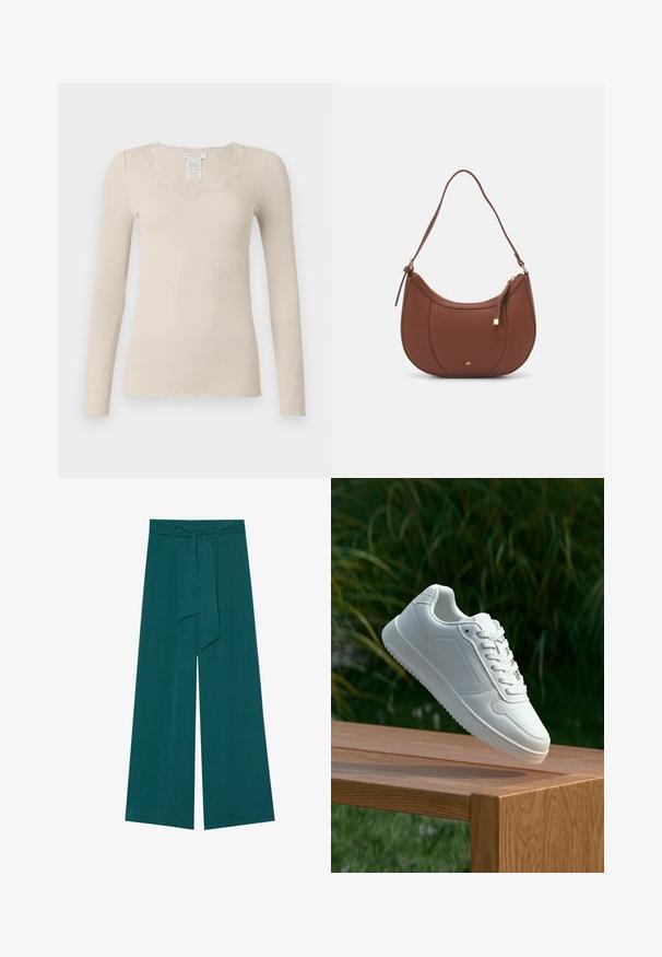 Rosemunde BABETTE U NECK - Top dugih rukava - silver lining; Hlače širokog kroja u dubokoj tirkiznoj boji s teksturiranim završetkom, s vezanom linijom struka za prilagodljiv fit i lepršavim siluetom.; Bijela tenisica sa glatkim sintetičkim gornjim dijelom, perforiranim prednjim dijelom, ravnim vezicama i teksturiranom potplatom, prikazana na drvenoj površini.; Smeđa torba od umjetne kože s zakrivljenim oblikom, minimalnim šavovima i zlatnim metalnim detaljima. Ima zatvaranje na gornjoj strani sa patentnim zatvaračem i podesivu naramenicu.