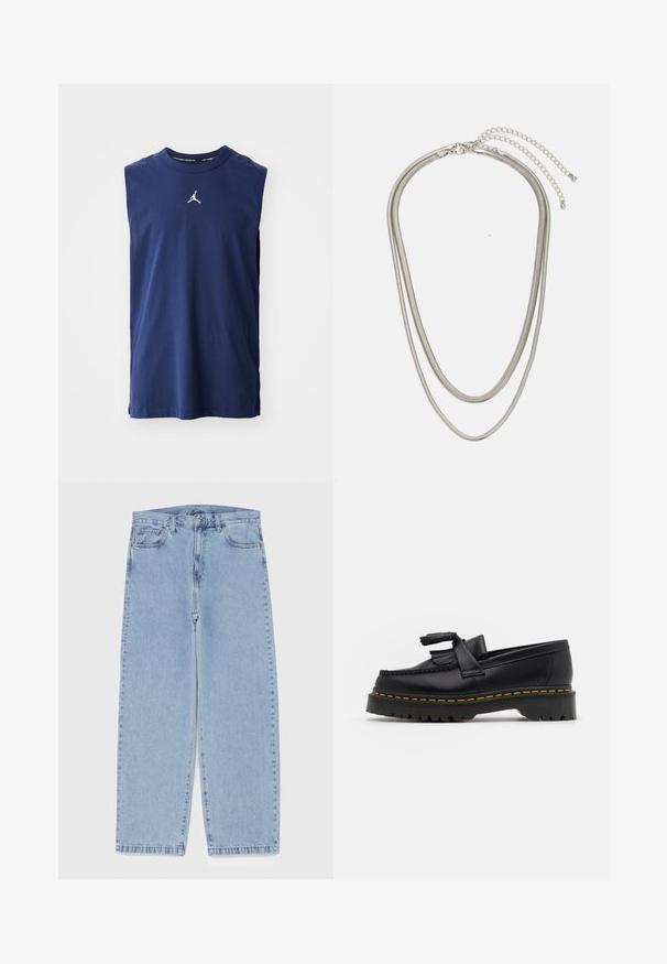 Tricou fără mâneci de culoare bleumarin, din material de bumbac, având un logo alb Jumpman pe piept și un gât rotund. Material texturat cu fante laterale.; Jeans din denim de culoare albastru deschis, cu un design cu picioare drepte, având talie medie, cinci buzunare și un sistem de închidere cu nasture și fermoar.; Mocasini din piele neagră cu un accent ciufulit, având o talpă groasă neagră și cusături galbene pe margine. Finisaj texturat.; Colier din metal argintiu în trei straturi, cu lanțuri elegante și flexibile, cu un ușor luciu, asigurat cu un închizător de tip homar și un lanț ajustabil.