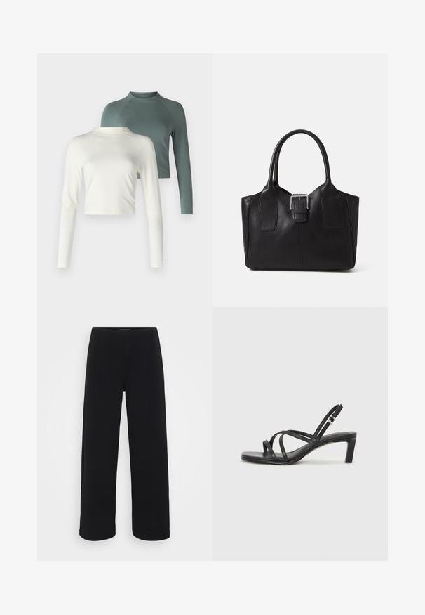 Zwei Langarmoberteile: eines in der Farbe Creme, mit kurzem Schnitt, und eines in Grün, in regulärer Länge mit Raglanärmeln. Beide aus einem weichen Stoff.; Schwarze weit geschnittene Hose mit elastischem Bund. Hergestellt aus einem strukturierten Material, mit lockerer Passform und geradem Schnitt von der Hüfte bis zum Saum.; Schwarze Sandale mit Riemchen, quadratischer Zehenform und niedrigem Blockabsatz. Verfügt über mehrere dünne Riemen und einen verstellbaren Knöchelriemen. Hergestellt aus glattem Leder.; Schwarze Leder-Tote mit glatter Textur, strukturiertem Design, zwei Griffen und einem auffälligen silbernen Schnallen-Detail auf der Vorderseite.