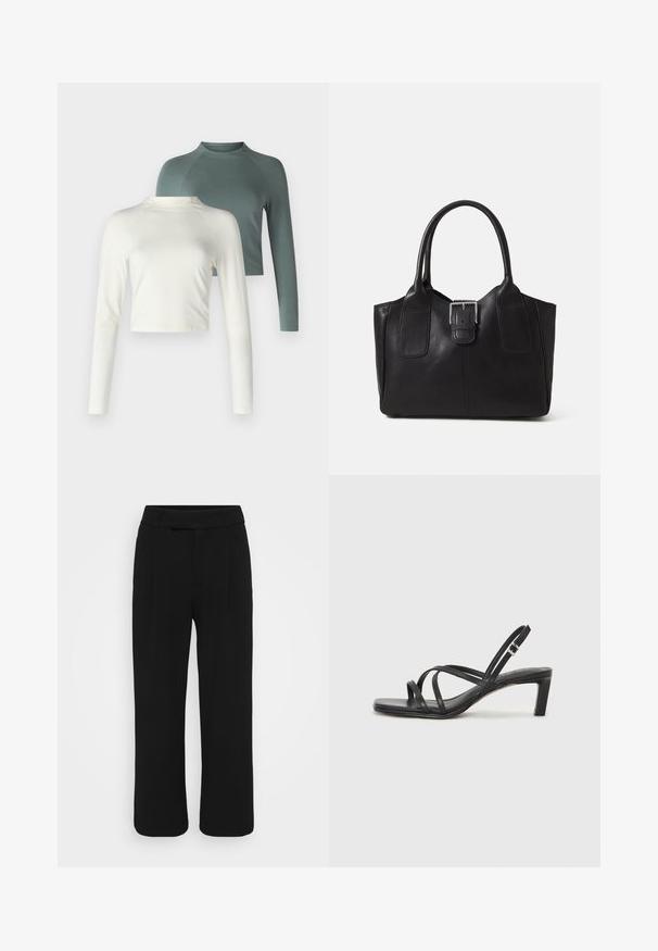 Du komandos rankovėmis marškiniai: vieni kreminės spalvos, trumpesnio modelio, o kiti žali, įprasto ilgio su raglaninėmis rankovėmis. Abu pagaminti iš minkštos medžiagos.; Juodos plačios kelnės, pagamintos iš sklandžios medžiagos, turinčios lygią priekinę dalį, diržo kilpas ir nematomus kišenių. Švarus, pritaikytas dizainas.; Juodi šlepetės su kvadratiniu pirštu ir žemu bloku kulnu. Yra keli ploni dirželiai ir reguliuojamas kulkšnies diržas. Pagaminti iš lygios odos.; Juodas odinis nešiojamas krepšys su lygiu paviršiumi, struktūrine forma, dviem rankenėlėmis ir ryškiu sidabriniu sagties akcentu priekyje.