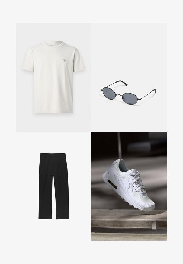 Koszulka z krótkim rękawem w jasnobeżowym kolorze wykonana z bawełny, z małym haftowanym logo jelenia na lewej piersi. Okrągły dekolt w standardowym fasonie.; Czarne spodnie o prostym kroju, wykonane z gładkiego materiału. Posiadają zakładki z przodu i pojedyncze zapięcie na guziki w pasie.; Białe sneakersy Nike Air Max 90 z siateczkowym i skórzanym wierzchem, perforowanym czubkiem oraz widoczną jednostką Air w pięcie.; Czarne owalne okulary przeciwsłoneczne z ciemnymi szkłami i cienkimi metalowymi oprawkami. Posiadają smukłe zauszniki z delikatnym łukiem na końcach.
