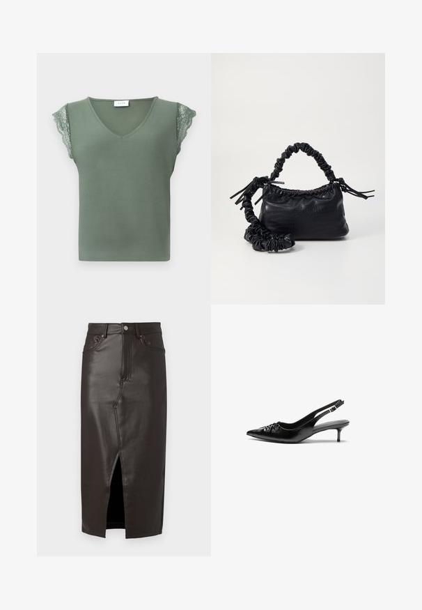 Green sleeveless top with a V-neck, featuring lace accents on the shoulders and a smooth texture. Tag visible at the neck.; Brown leather midi skirt with a front slit, five-pocket design, and metal button closure. Smooth texture and tailored fit.; Black leather slingback heels with a pointed toe, small kitten heel, and a decorative knot detail on the front. Smooth texture throughout.; Black faux leather handbag with a crocodile texture, cinched top, and a scrunched strap. Appears soft and compact in design.