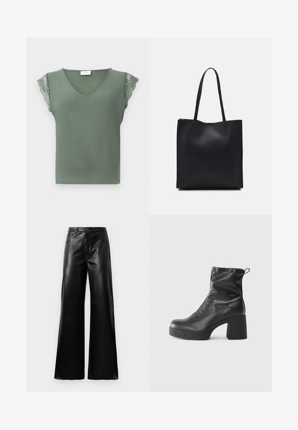 Grøn ærmeløs top med V-hals, der har blonder detaljer på skuldrene og en glat tekstur. Etiketten er synlig ved halsen.; Sorte high-waisted bukser i bred ben i imiteret læder med forreste knap, lynlås, bæltestropper og sidelommer på hvid baggrund.; Sorte ankelstøvler lavet af glat læder, med en sidelukning, kraftig struktureret hæl og rundt tådesign.; Sort læder tote taske med glat tekstur, rektangulær form og to lange hanke. Ingen synlig hardware eller udsmykninger.