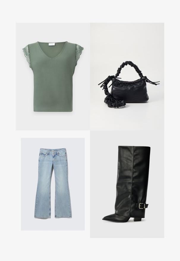 Grønn ermeløs topp med V-hals, med blonde detaljer på skuldrene og en glatt tekstur. Merket er synlig ved halsen.; Weekday NOVA - Jeans slim fit - lip blue; Svarte lær ankelstøvler med spiss tå, glatt tekstur og en sølvspenne aksent på siden. Kraftig firkantet hæl.; Svart faux skinn-håndveske med krokodilletekstur, strammet topp og en rynket stropp. Ser myk og kompakt ut i designen.
