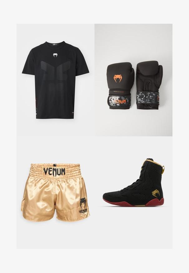 Juodas trumpa rankovė t-shirt, pagamintas iš medvilnės. Yra tekstūruota, tamsiai pilka grafika, primenanti sparnus, ir mažas baltas logotipas prie kaklo.; Auksiniai satino bokso šortai su juodu "VENUM" logotipu ant juosmens ir šonų, pasižymintys lygiu paviršiumi ir elastingu juosmeniu patogumui.; Juodos tinklelio ir sintetinės medžiagos aukštakulniai sportiniai bateliai su tekstūruotomis detalėmis, raudonu guminio pado ir auksinėmis akcentais ant kulkšnies.; Juodi bokso pirštinės su matinio paviršiaus apdaila ir ergonomišku dizainu. Oranžinės logotipo detalės ir kamufliažo rašto riešo diržai.