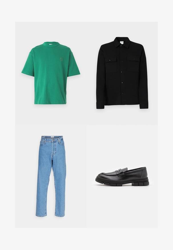 Zeleni pamučni majica kratkih rukava s okruglim izrezom i izvezenim slovom "S" na lijevoj strani prsnog koša. Mekana tekstura, ležeran kroj.; Crna košulja s dugim rukavima od glatkog materijala, s dva džepa na prsima, ovratnikom i dugmadima na manžetama. Jednostavan dizajn s minimalnim detaljima.; Svijetloplave traperice s visokim strukom i ravnim nogavicama, s prednjim gumbom, zatvaranjem na zatvarač, petljama za remen i dizajnom s pet džepova na bijeloj pozadini.; Crni kožni loafers s glatkom završnom obradom, s detaljem prednjeg remena i debelim gumenim potplatom s urezanim akcentima.