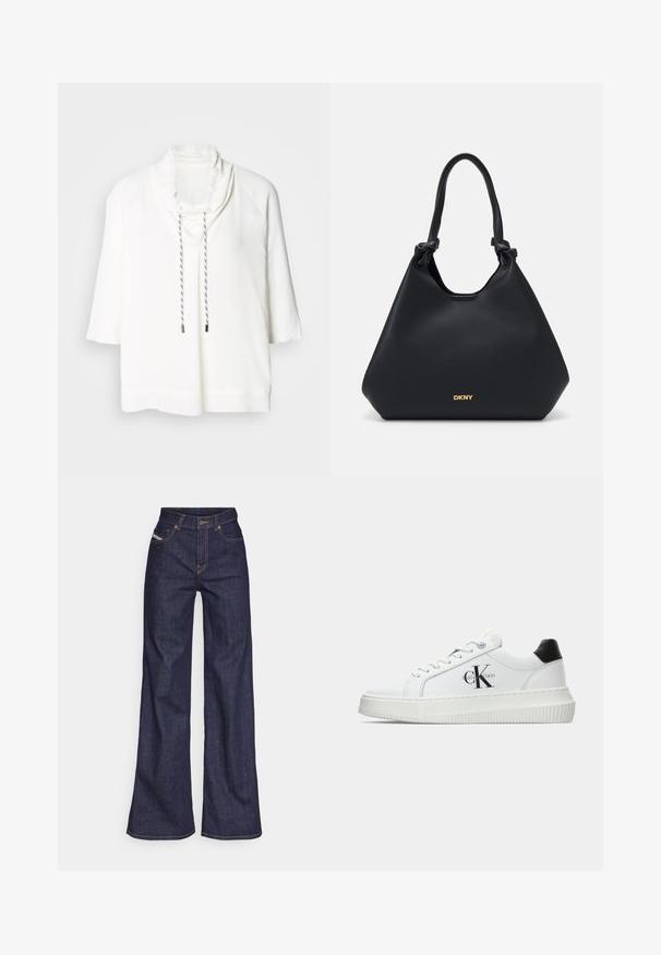 Valge lühikeste varrukatega särk, millel on kaelus ja nööriga sulgemine. Pehme, sile kude ja mugav lõige. Õrn tekstuur ja kontrastne nöör.; Tumedates sinised laiad teksad denimpesus, kõrge vöökohaga, mis on varustatud oranžide õmblustega, viie-taskulise disaini ja nööbiga kinnitusega.; Valge madalate sokkidega jooksutoss, millel on must konts, platvormi tallad, paelad ja Calvin Kleini "CK" logo küljel.; Mustast nahast kott, millel on tekstureeritud viimistlus, sõlmitud käepidemed ja kuldne logo detail aluses. Omab vabalt voolavat siluetti.