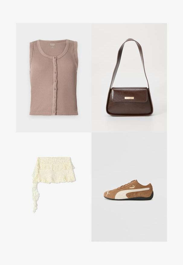 Bruine geribbelde tanktop met een ronde halslijn en knoopsluiting aan de voorkant, voorzien van horizontale textuurstrepen en zonder mouwen. Gemaakt van zachte stof.; Ivoor kanten omslagdoek met gerafelde randen; bevat ingewikkelde bloemmotieven; stroomt elegant met een lange, slepende uiteinde.; Bruine suède low-top sneakers met crèmekleurige accenten, een gestructureerd oppervlak, een zwarte rubberen zool en een geborduurd logo aan de zijkant en op de tong.; Bruine leren schoudertas met een gestructureerde vorm, voorzien van een magnetische klepsluiting en een metallic logoaccent aan de voorkant.