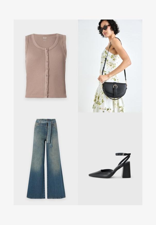 Débardeur en maille marron avec un col rond et un devant à boutons, présentant des rayures texturées horizontales et sans manches. Fabriqué en tissu doux.; Pantalons en denim à jambe large présentant un dégradé de bleu clair à bleu foncé, taille haute, passants de ceinture et une ceinture en tissu assortie. Finition en denim texturé.; Escarpin noir en cuir à bout pointu avec une bride de cheville et un talon épais. Texture lisse, design élégant et esthétique minimaliste.; Sac à main en cuir noir avec une forme courbée, bandoulière amovible et des accessoires en or. Le sac est doté d'un rabat avec un détail de boucle.