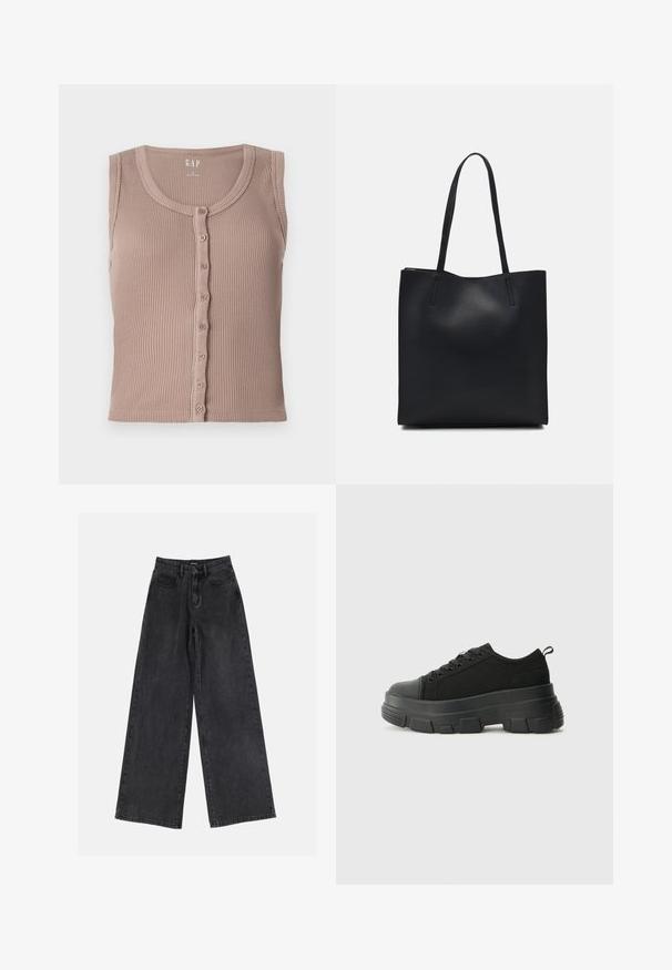 Top sin mangas de canalé marrón con escote redondo y botones en la parte delantera, que presenta líneas texturizadas horizontales. Fabricado con una tela suave.; Jeans de mezclilla negros de pierna ancha con cintura alta, diseño clásico de cinco bolsillos y un ligero desvanecimiento. Tejido duradero con una textura suave.; Zapatillas negras con suela de goma gruesa, parte superior de tela texturizada, punta redonda y diseño con cordones. Presenta ojales reforzados y tirador en la parte trasera.; Bolso tote de cuero negro con textura lisa, forma rectangular y dos asas largas. Sin herrajes ni adornos visibles.