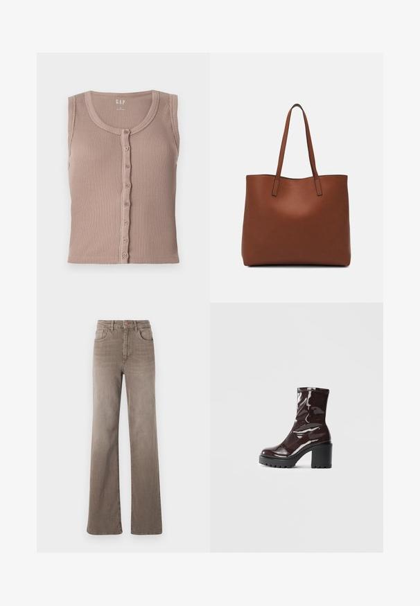 Brown ribbed tank top with a round neckline and button front, featuring horizontal textured stripes and no sleeves. Made from soft fabric.; Brown high-waist straight-leg jeans with front button, belt loops, and classic five-pocket design on a white background.; Glossy burgundy ankle boot with a chunky black heel, featuring a smooth texture and simple design. No visible fastenings or patterns.; Brown leather tote bag with a smooth texture, open top design, and two shoulder straps. Features minimal stitching and no visible hardware.