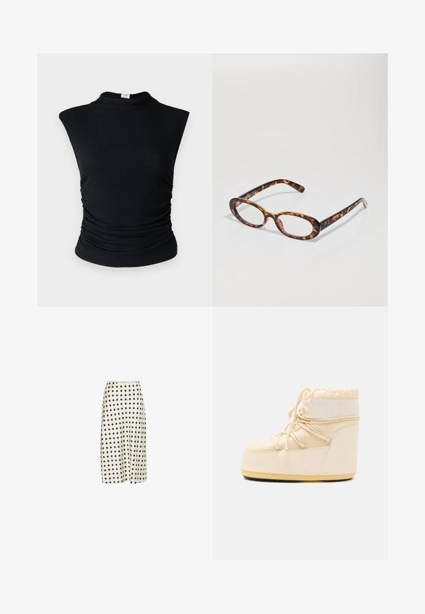 Zwarte geribbelde mouwloze top met een hoge hals, voorzien van zijsruiming voor textuur en een getailleerd silhouet. Zacht materiaal.; Midi-rok van gladde stof in off-white met grote zwarte stippen, met een uitlopende silhouette en een comfortabele tailleband.; Lichtbeige Moon Boot met een ronde neus, trekkoordsluiting en getextureerde rubberen zool. Beschikt over witte branding en gladde synthetische materialen.; Schildpadbril met ovale glazen, voorzien van een glanzende afwerking, slanke armen en subtiele patronen die lijken op de strepen van een tijger.