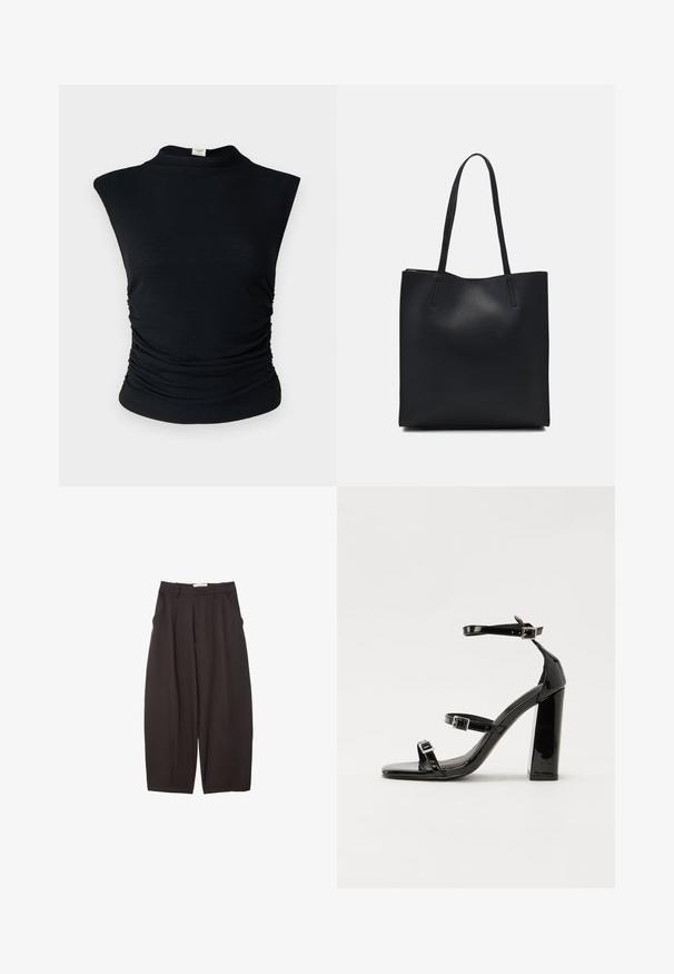 Top senza maniche a coste nere con collo alto, caratterizzato da arricciature laterali per texture e una silhouette aderente. Materiale morbido.; Pantaloni neri a gamba larga realizzati in un tessuto morbido, con vita alta, pieghe frontali e tasche laterali. Design semplice senza decorazioni.; Sandali con tacco in vernice nera, con punta squadrata, cinturini alla caviglia e fibbie in argento. Presentano un tacco a blocco spesso per maggiore stabilità.; Borsa tote in pelle nera con texture liscia, forma rettangolare e due manici lunghi. Nessun hardware o decorazione visibile.