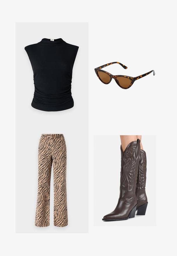 Black ribbed sleeveless top with a high neck, featuring side ruching for texture and a fitted silhouette. Soft material.; Wide-leg trousers with a tiger stripe pattern in shades of brown and black, featuring a standard waist and five-pocket design.; Brown leather cowboy boots with pointed toe and block heel, featuring detailed stitching and raised accents on the shaft.; Cat-eye sunglasses with a black and orange tortoiseshell frame, brown lenses, and sleek, pointed tips. Features a minimal logo on the temple.