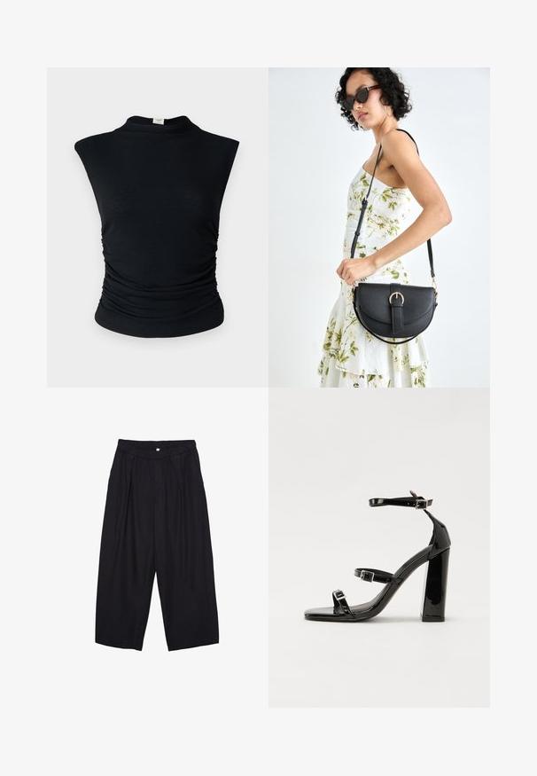 Czarny prążkowany top bez rękawów z wysokim dekoltem, z bocznymi marszczeniami dla uzyskania tekstury i dopasowanym krojem. Miękki materiał.; Czarne spodnie culotte z poliestru z elastycznym pasem, dwoma fałdami z przodu i luźnym krojem. Brak widocznych wzorów lub elementów metalowych.; Czarne lakierowane sandały na obcasie z kwadratowym noskiem, z paskami wokół kostki i srebrnymi klamrami. Posiadają masywny słupek dla stabilności.; Czarna skórzana torebka o zakrzywionym kształcie, z odpinanym paskiem i złotymi akcentami. Torebka posiada klapę z zapięciem w kształcie klamry.
