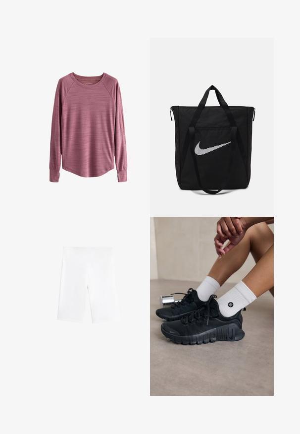 Langarmtop in een gedempte roos kleur, gemaakt van textuurstof met een afgeronde zoom en raglanmouwen. Bevat lichtgewicht, ademend materiaal.; Witte fietsshorts van rekbaar materiaal, met een elastische tailleband en een glad, naadloos ontwerp. Midden boven de dijen lengte.; Zwarte sport schoenen van een gestructureerde stof, met vetersluiting en een opvallende zool, gecombineerd met witte geribbelde sokken met een klein logo.; Zwarte nylon tas met twee stevige handvatten en ritsluiting. Bevat een opvallend wit Nike swoosh-logo in een horizontaal gestreept design.; Zwarte vingerloze handschoenen van rekbaar materiaal, met een open palmontwerp, gripaccenten en het Nike-logo in het wit.