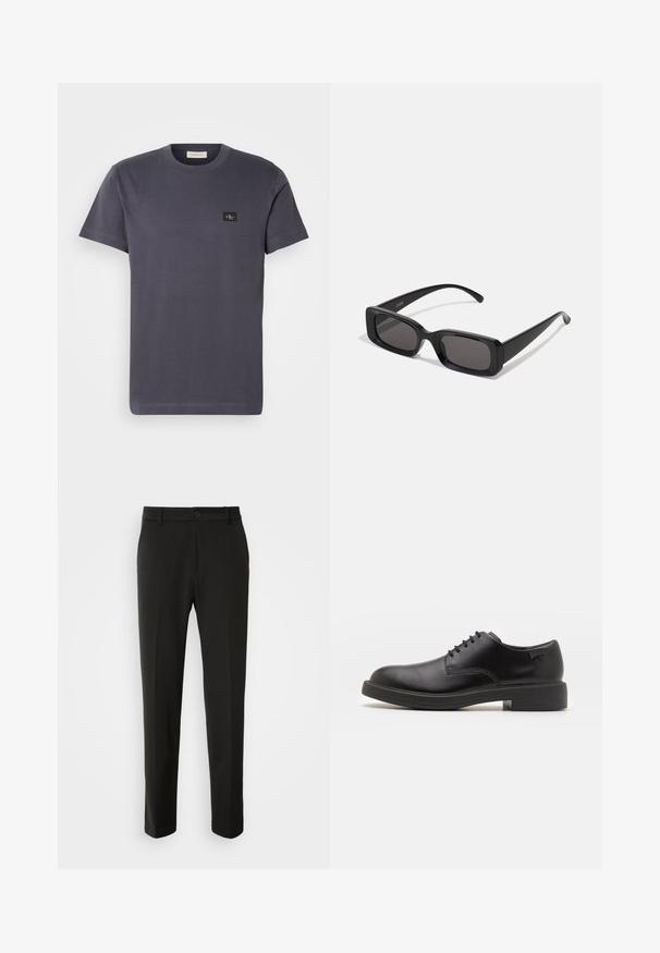 Tumšs pelēks kokvilnas T-krekls ar apaļu kakla izgriezumu, īsām piedurknēm un mazu melnu logotipa uzšuvumu kreisajā krūtīs. Tekstūrēts, minimālisma dizains.; Melnas bikses no gludas auduma ar taisnām kājām, pogu aizdari un klasisku dizainu, kas piemērots gan formālai, gan ikdienišķai valkāšanai.; Melna āda sašūta kurpe ar noapaļotu purngalu, gludu tekstūru, minimālu šuvju skaitu un zemu gumijas papēdi. Logo uz papēža.; Melnas taisnstūrveida saulesbrilles ar tumšiem stikliem, spīdīga apdare, platas kājas un masīvs rāmja dizains. Uz vienas kājas ir iegravēts zīmola nosaukums.