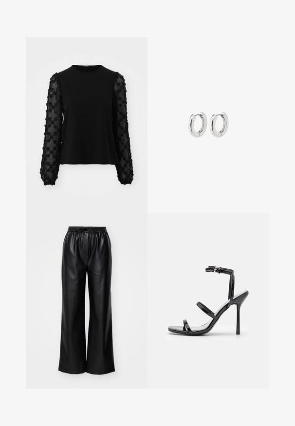 Musthave mustrik musthave mustrik mustrik musthave broyildik mustrik, kontrastus mardi vinc amet mustrik musthave broyildik kähne. Putruus käte ja ümmarguste krae. Long kätega kolaus ja muddura kabar nish. ; Mustad nahast laiad püksid elastse vöö ja reguleeritava nööriga; sile pind ja puhast, minimalistlikku disaini.; Mustad nahast kõrge kontsaga sandaalid, millel on kolm horisontaalset rihma ja reguleeritav pahkluuri rihm. Sleek siluett ja läikiv viimistlus.; Hõbedased rõngassüstid läikiva viimistlusega, millel on ümmargune disain ja sujuvad hinged, mis näitavad sileda tekstuuri.